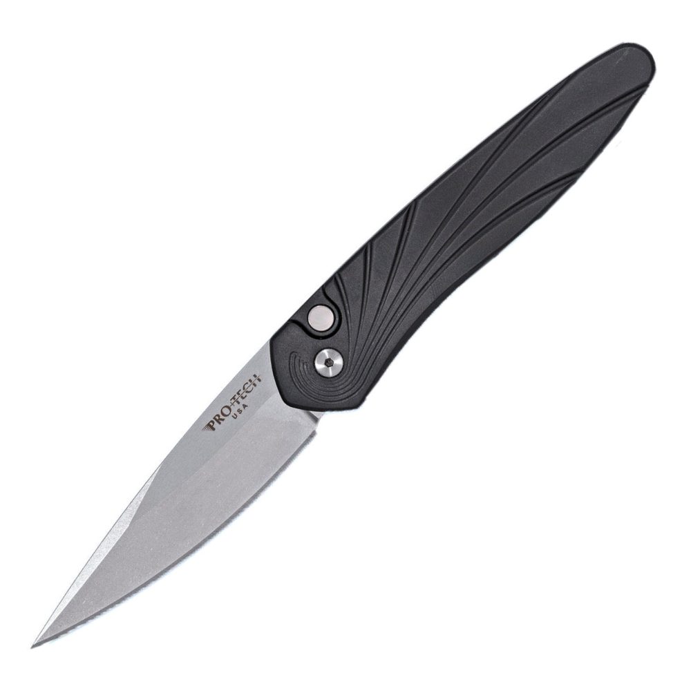 Pro-Tech Newport - S35VN Stonewash Spearpoint Blade - Black Aluminum "3D Wave" Machined Handle - 3407