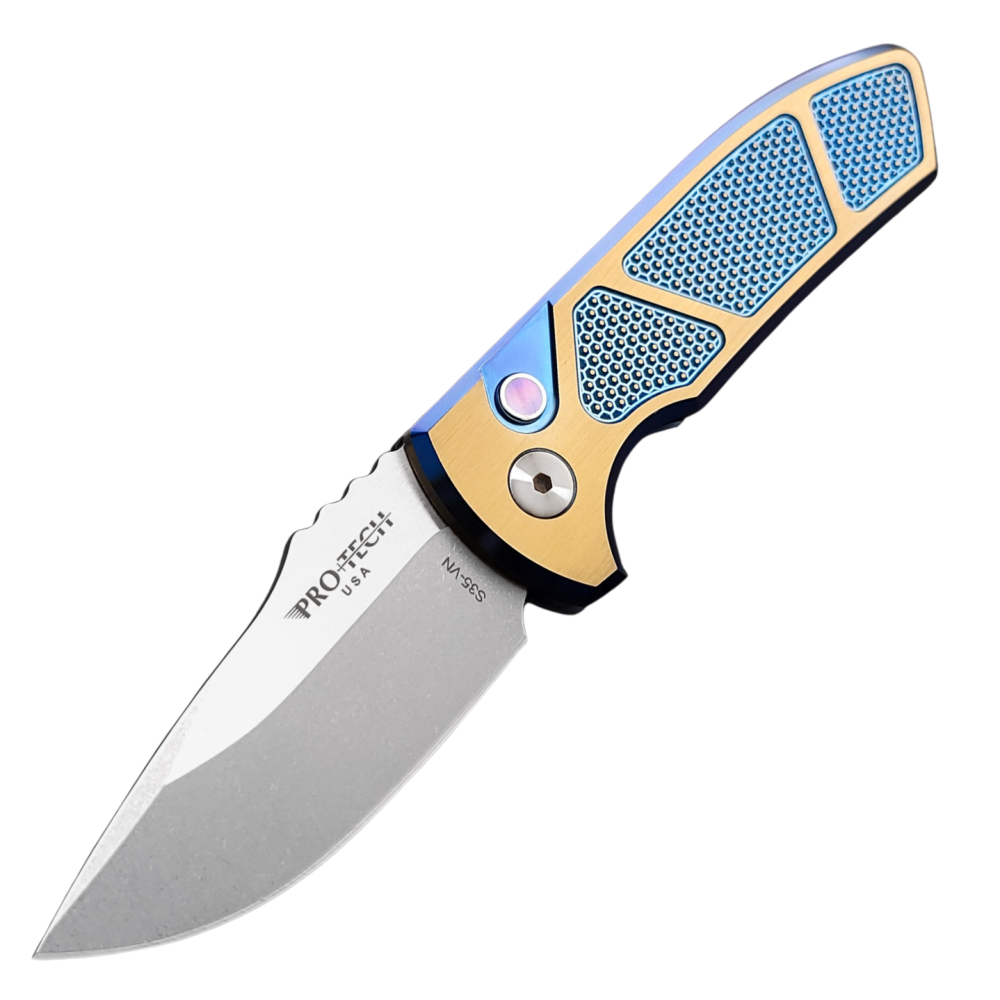 Pro-Tech 2023 SBR Custom 006 - S35VN Stonewash Blade - Two-Tone Blue/Bronze Knurled Titanium Handle w/ Pearl Button - SBR Custom 700006