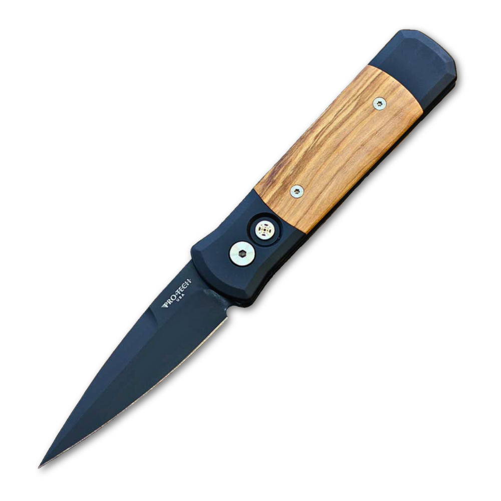 Protech Godson Auto - 154CM Black DLC Spear Point Blade - Black Aluminum Handle with Olive Wood Inlay - 707-Olive