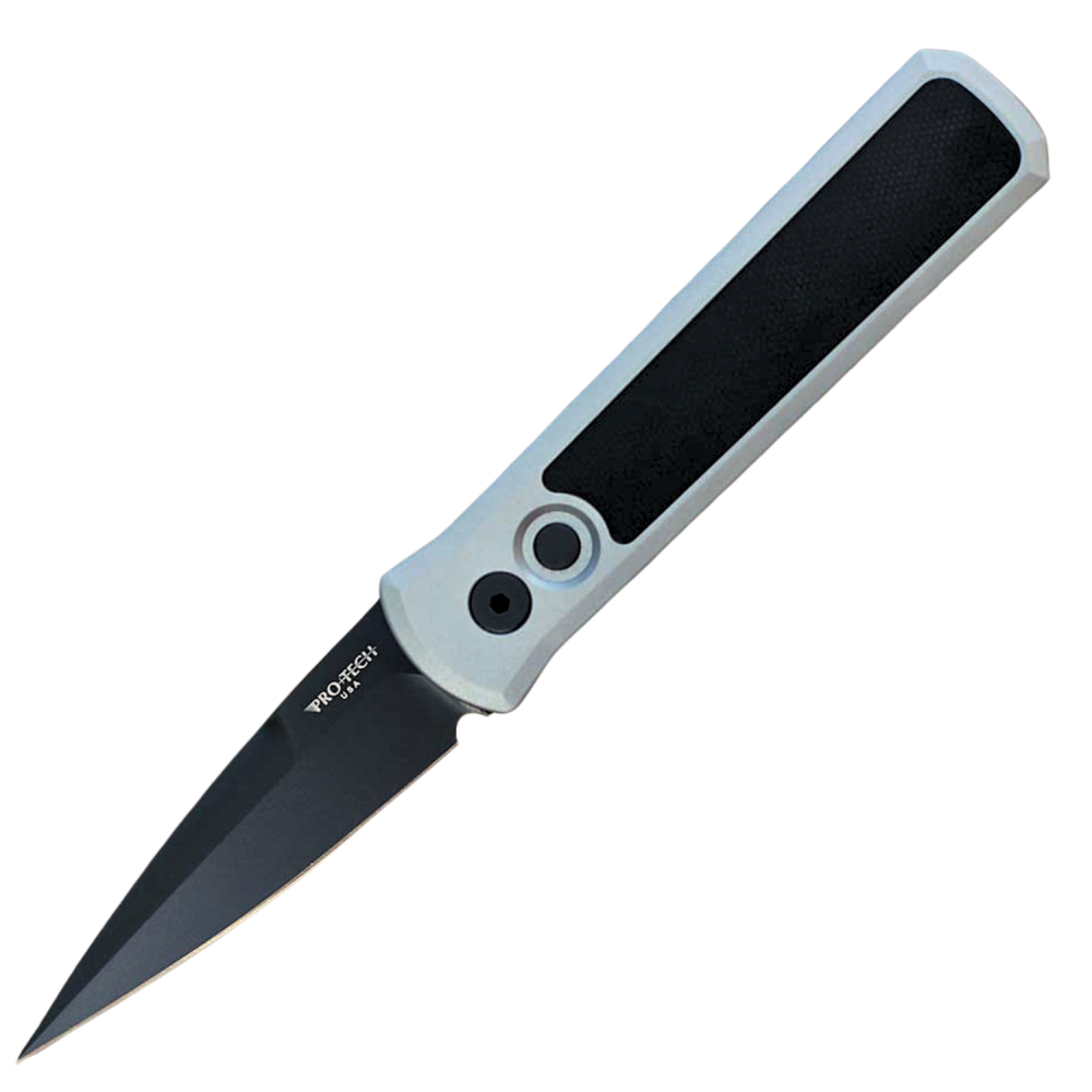 Protech Godson Auto - 154CM Black DLC Spear Point Blade - Gray Aluminum Handle with Black G10 Inlay - 756