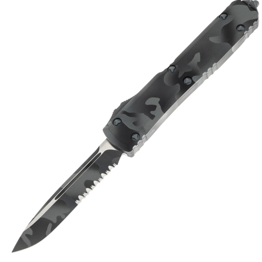 Microtech Ultratech S/E Signature Series- M390 Urban Camo Two-Tone Partially Serrated Drop Point Blade - Urban Camo Handle with Glass Breaker - MCT1212UCS