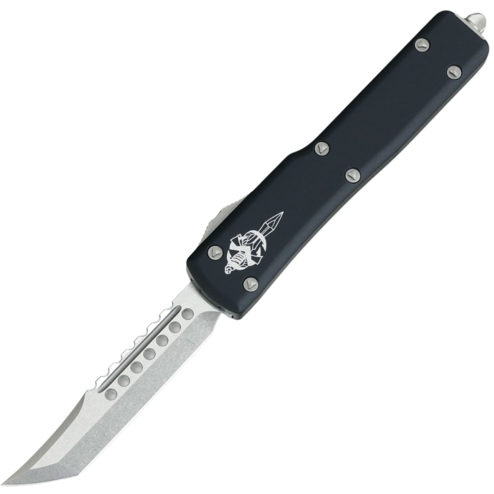 Microtech UTX70 Hellhound Signature Series- M390 Stonewashed Hellhound Blade - Black Aluminum Handle - MCT41910S