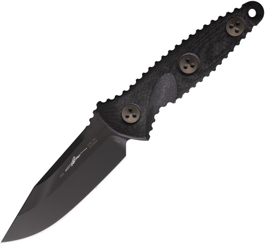 Microtech SOCOM Alpha Mini - M390 Black DLC Clip Point Blade - Black Carbon Fiber Handle - MCT113M1DLCCFS