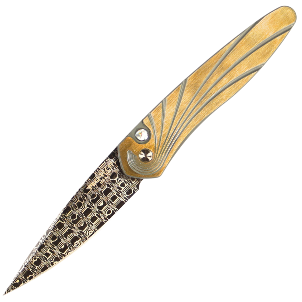 Pro-Tech Newport AUTO - Vegas Forge Reptilian Damascus Steel Blade - Two Tone Bronze Titanium Milled Handle with Abalone Button - 2024 Newport Custom 001