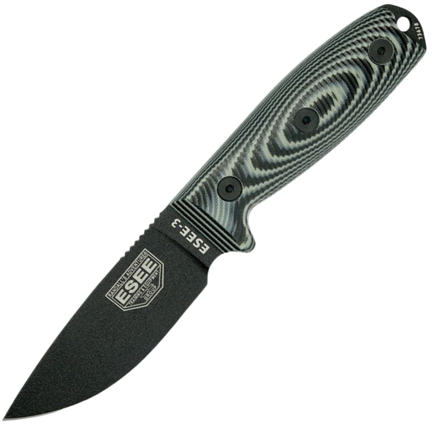 ESEE Model 3 - 1095 Black Coated Drop Point - Black/Grey 3D Machined G10 Handle - ES3PMB002