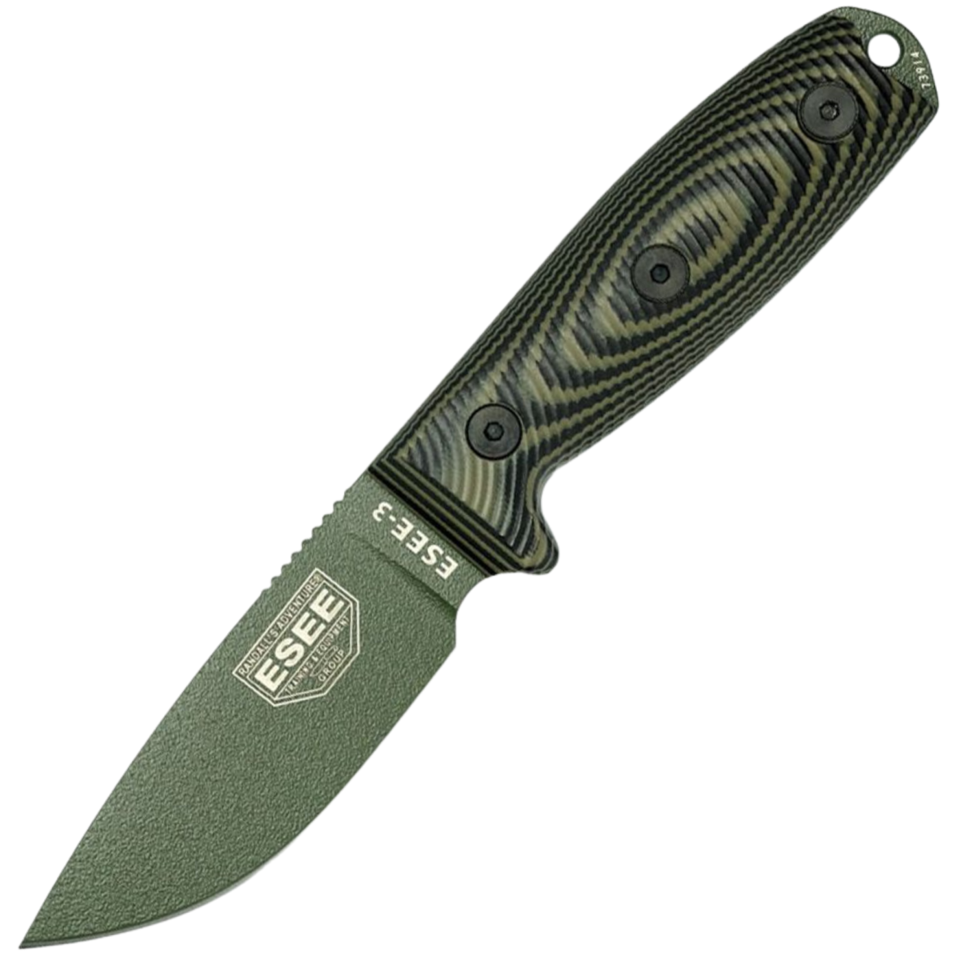 ESEE Model 3 - 1095 OD Green Coated Drop Point - OD Green/Black 3D Machined G10 Handle - ES3PMB003