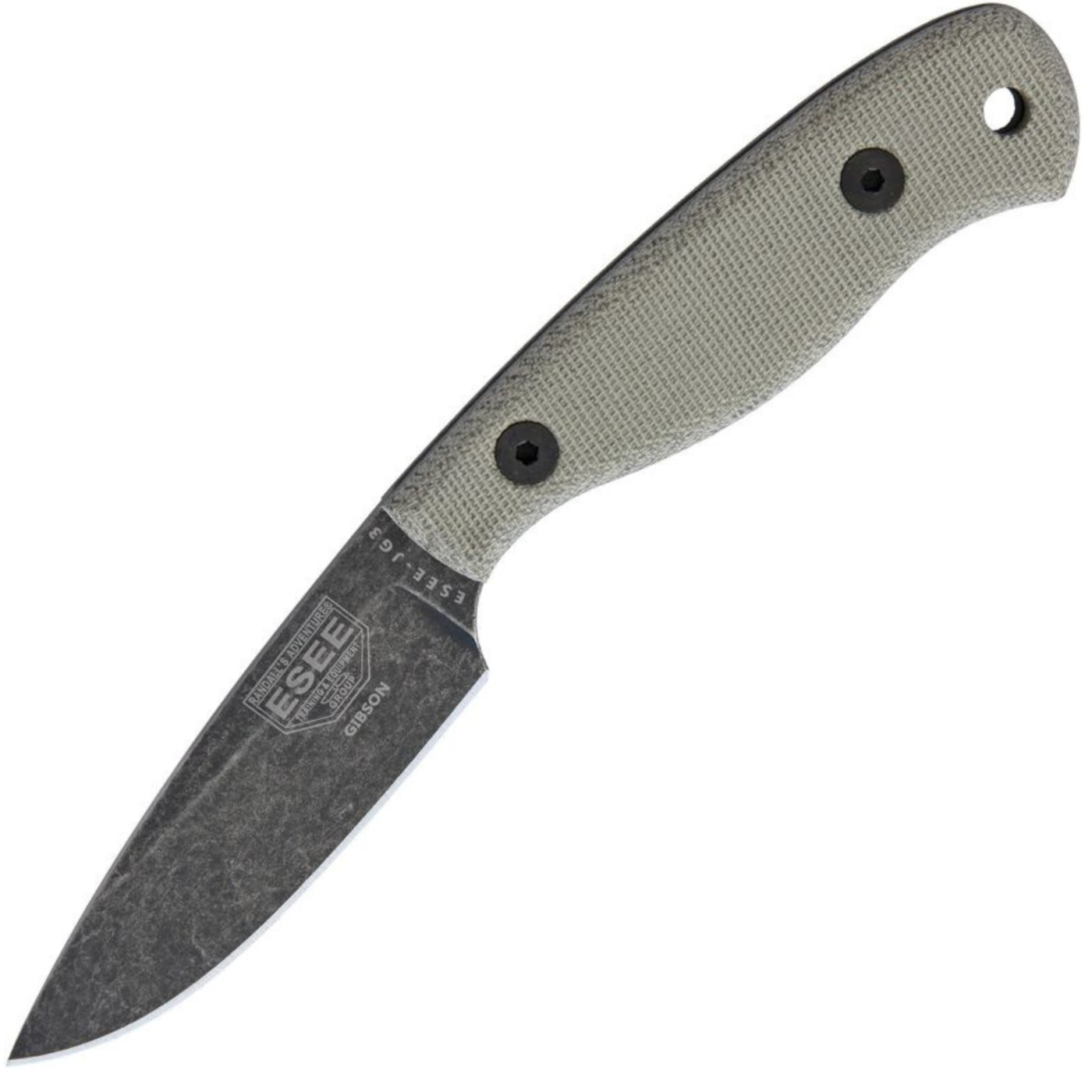 ESEE James Gibson Camp Lore - 1095 Black Stonewashed Drop Point - Canvas Micarta Handle - ESJG3BO