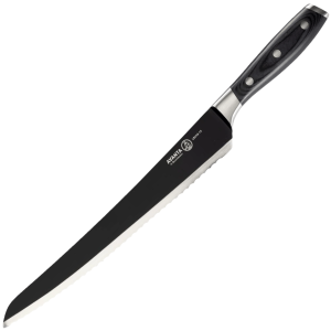 Messermeister Avanta Kendrick 10" Scalloped Brisket - Black Titanium Coated X50 Steel - Ebony Pakkawood Handle